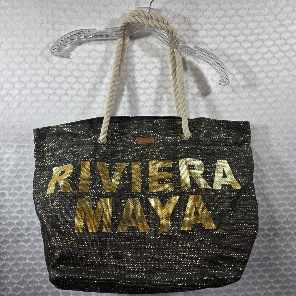 Robin Ruth Riviera Maya Tote Bag Black Gold Metallic Woven Rope Handle Beach Bag